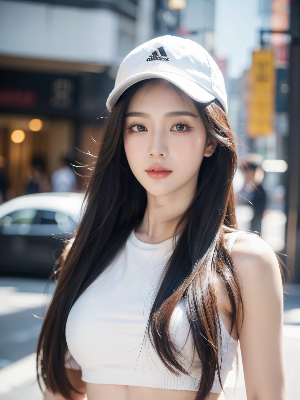 In the bustling streets of Seoul, amidst the vibrant culture and modernity, stands a figure of unparalleled beauty. She's an idol, a harmonious blend of Asian and European heritage, captivating every glance with her stunning features. Her long, silky hair cascades like a waterfall, framing a face that boasts the perfect mix of delicate Asian elegance and striking European allure. With every photoshoot for top Korean magazines, she radiates an irresistible charm, her piercing eyes and flawless smile capturing the hearts of fans worldwide. She is the epitome of grace and allure, a true testament to the beauty of cultural fusion. super fine body, super fine face, super fine eyes, super fine nose, superfine mouth, super fine hands, super fine fingers, good shape, very perfect body, very perfect face, very perfect eyes, very perfect nose, very perfect mouth, very perfect hands, very perfect fingers, super detailed body, super detailed face, super detailed eyes, super detailed nose, super detailed mouth, super detailed hands, super detailed fingers, super high quality, very beautiful girl, super realistic, raw photo, natural eyelash, muscular, perfect shape, wear cute crop top, wear adidas cap.