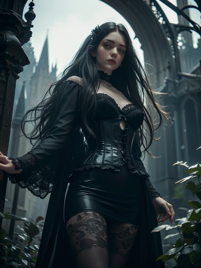 A stunning Gothic beauty, in a black gown with a corset and lace details, very short skirt, opened from below. Night. Her luminous pale face with gothic makeup stands out from the darkness of the night, her large deep eyes, ruby jewelry on her long black flowing hair. jewelleries. They are framed by black patterned branches of bushes. She is standing in the nighttime, under a black starry sky. next to the Gothic cathedral. The candle is in her hand. Full height shot. Large moon. The photo is in the hyperrealistic style of Luis Royo, capturing the essence of the moment perfectly. The high-resolution image captures every detail with incredible clarity. Dark tones, dark background, dynamic pose