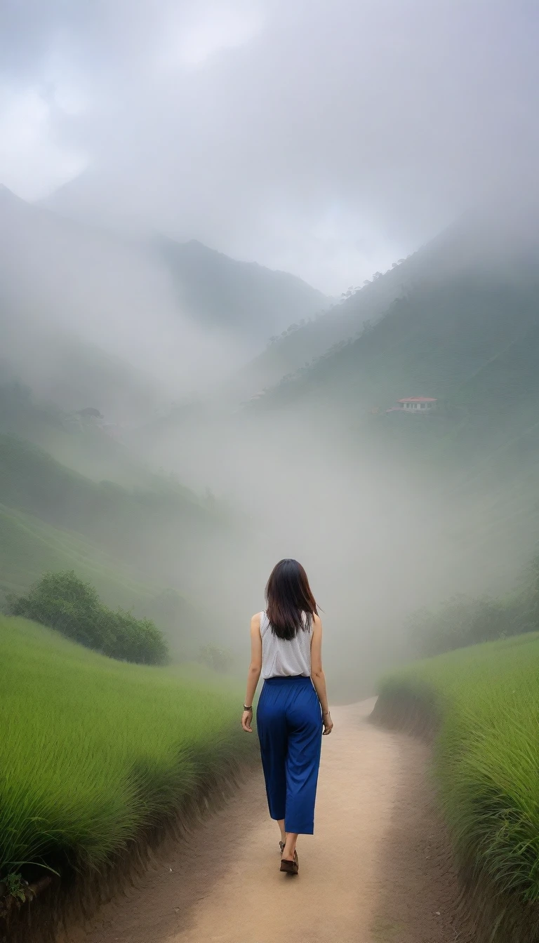 Beautiful Korean Woman, Chest size 34 inches, Wearing high-end luxury brand sleeveless and high-quality casual pants., Foggy scenery of Sapa, Vietnam, I can see the trail, Short and medium hair blowing in the wind, Taken from a distance with a wide angle lens, Realistic living landscape, Front photo facing the camera, best picture quality, Short medium hair blowing in the wind, smile brightly, A thick fog obscures the front, Standing on a very narrow mountain path, Slightly medium hair blowing in the wind, , hair blowing in the wind
