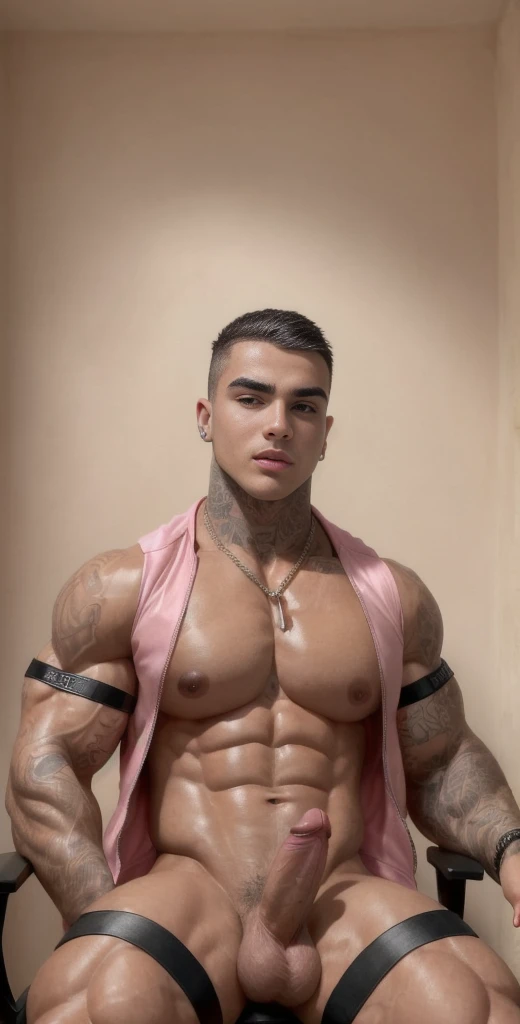 (masterpiece, intricately detailed, highest resolution, best quality:1.2), (doujin), a cocky Brazilian Instagram influencer, buzz cut, a 24 y.o muscle stud with a muscular physique sitting on a chair with black eyes,full-body tattoo, dark-skinned male, clean shaven, wearing a ((open jacket, big chains, chav, armbands)), ((excessive cum)) ((cum on body)) (cum drip), flaccid penis,saggy balls,hairy chest,vascular,muscle striations,soft light,fantastic realism, colth