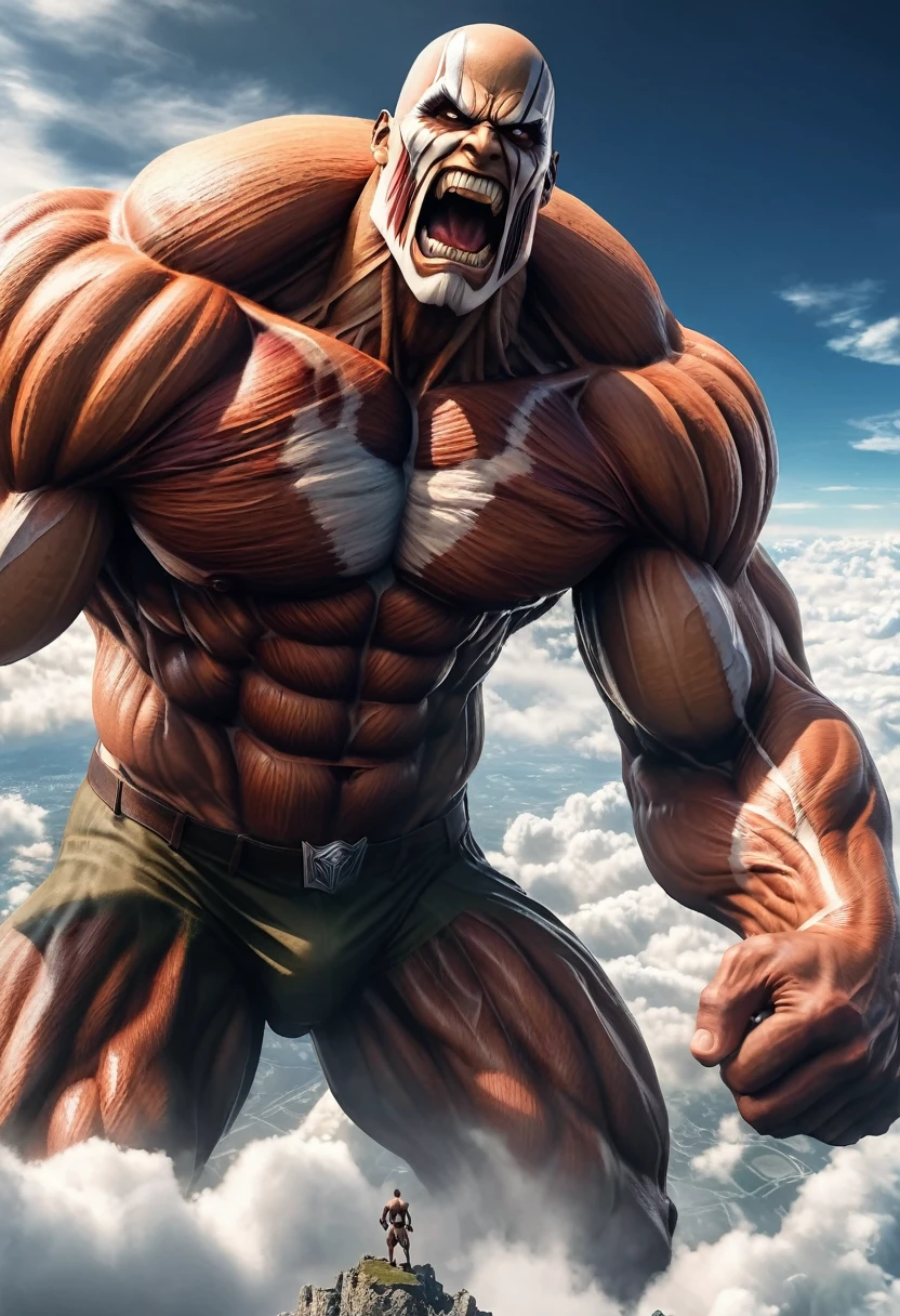 (Highest quality,4K,8K,High resolution,masterpiece:1.2),Completely naked，Super detailed,(Realistic,photoRealistic,photo-Realistic:1.37), Phimosis penis，Towering giants, Muscular, alpha male above the clouds, Giant giant, Attack on Titan, central Giant giant creature, Exaggerated muscles! sf, whole body, Giants under attack, Upper body portrait, Attacking Giant