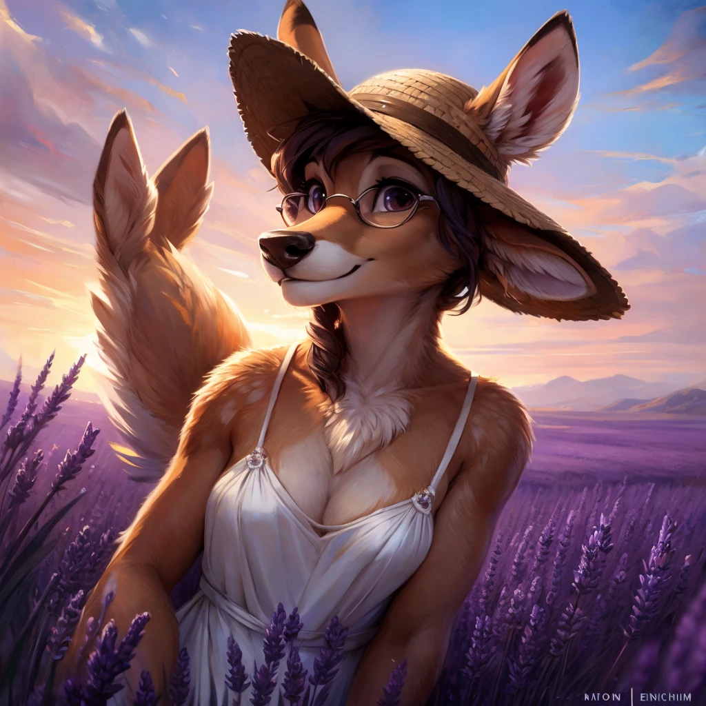 uploaded on e621, by Pixelsketcher, by Bayard Wu, by Thomas Benjamin Kennington , by Einshelm, by hioshiru and kenket, Chunie, portrait, solo anthro female deer doe, with small featureless breasts, clear dark blue, cinematic lighting, day, sunny day, lavender field, stays in a lavender field, lavender field background, mediterranean background, horizon background, shiny, short curly dark brown hair, wears big black nerd glasses, very very beautiful furry art, furry art, smiling, joyful, shiny, happy, feminine, cute face, muzzle, fluffy chest, flawless face, Fallow deer, 1girl, Sakimichan is beautiful, Masterpiece, Wavethesallow Face, shiny, Detailed image, portrait, Detailed image, portrait, full body, wearing pure white and wide spaghetti straps dress, wearing big and wide beige summer straw hat, shiny, realistic face, perfect anatomy, hourglass body, (furry body:1.1), anthropomorphic deer, looks at the viewer, small fluffy tail, detailed background, (cute anatomy:1.1), stands in a lavender field
