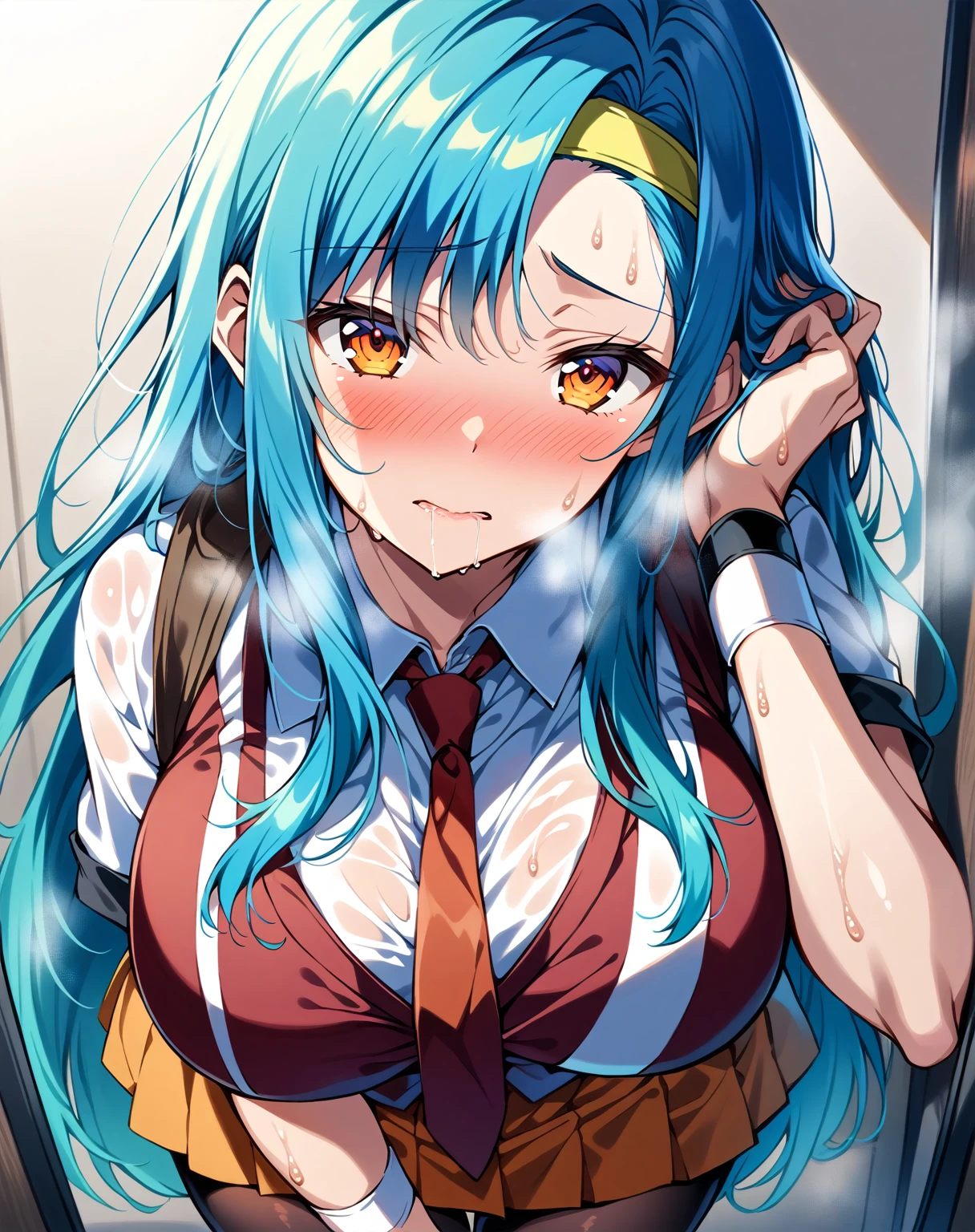 score_9, score_8_up, score_7_up, source_anime, rating_safe, BREAK saki tsuzura, 1girl, very long hair, blue hair, orange eyes, yellow hairband, red necktie, red vest, white shirt, short sleeves, white wristband, orange skirt, pleated skirt, black pantyhose,closed mouth, hand in own hair, looking at viewer, cowboy shot,(Heavy breathing,saliva,blush, sweat, Sweaty and wet all over,Steam,)pov, Looking at Viewer,gigantic breast,