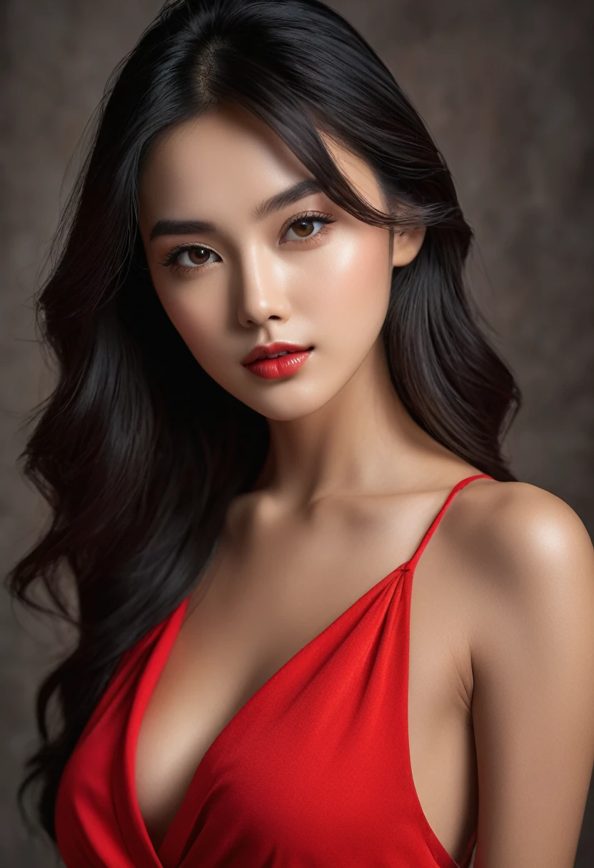 top-quality, masterpiece, 超A high resolution, Photorealsitic, Raw foto, ((one beautiful women)), 22year old, Detailed face, beautidful eyes, (See the viewer's eyes)、hyper realisitic、Smooth lighting、Improved cinematic lighting quality、8K、Realistic lighting、Back lighting、Facial Lights、Ray tracing、Realistic textured skin of the highest quality、fine detailed eyes、A detailed face、Fine quality eye、enhance the atmosphere of body line、Increase the beauty of skin texture、Seductive bust、Sexy eyes、Red dress、queen、Black hair、straight haired、((Full body))、((sexy pose))、((Inviting Poses))