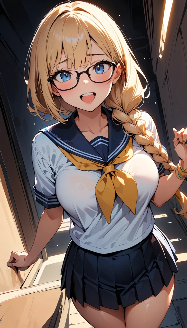 (high quality, 8K, 4K, High Contrast, masterpiece:1.2, 最high quality, Best aesthetics), (Dynamic Angle), ((1 female)), erotic, sexy, Mature Body, ＪＫ, , Braiding, Glasses, sexyな唇, Excited, chairman, Sailor suit:1.2, Open your mouth.