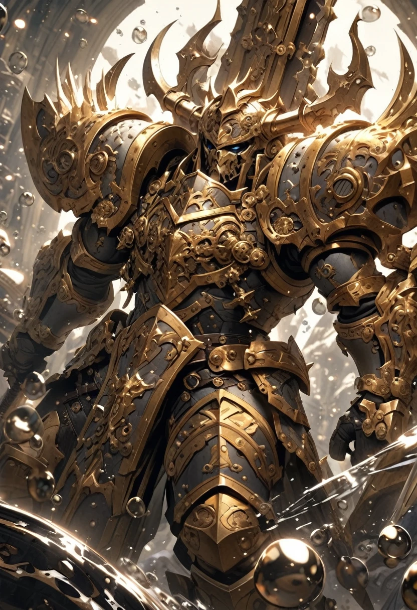 extremely detailed 2 handed warhammer weapon that is brown & white surrounded by bubbles