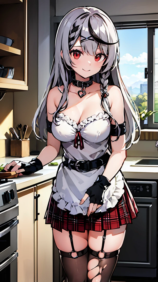 ((masterpiece, Highest quality, High resolution)), Depth of written boundary, 
break, One girl, standing behind the kitchen, (cooking:1.3), smile, 
break, (indoor, kitchen), 皿に盛られたcooking,     
break, (It should be Chloe, Garter Straps, Fingerless gloves, Torn knee socks, Grey Hair, Multicolored Hair, Checked skirt, chestの谷間, X Hair Ornament, Red Skirt, Black collar, White apron, chest, Braiding, Black belt, Long Hair), ((Red eyes)), ((Beautiful attention to detail)),having sex