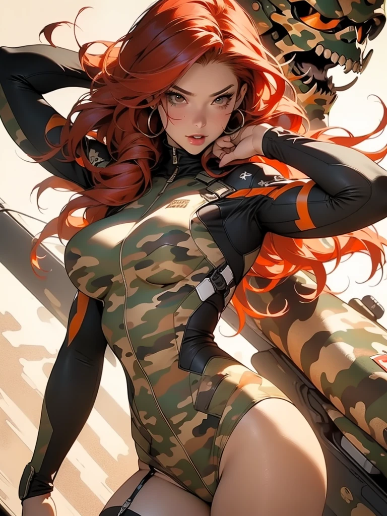 A muscular 25-year-old warrior woman almost naked in the Simon Bisley style for the cover of Heavy Metal magazine, very pretty, lovely, very pretty girl, goddess of beauty, golden proportions, extremely detailed face, labios detaileds rojos y gruesos, brown eyes, short orange red pixie hair, Minimal clothing, Short clothes, ((Best Quality)), ((Masterpiece)), (detailed: 1.4), (absurd), Female fighter pilot ready for war with military helmet, MARINA, defined statuesque body, whole body, full standing girl image, on your back foreshortened, half thick bare thighs, Closed mouth, muscular body covered in technological clothing, cyberpunk, semi naked, generous neckline, ((Perfect big breasts)), (Brown eyes, (((military camouflage clothing)), (((orange red hair))), long eyelashes heavy makeup, garter belt, by mucha, private --V5, close to the real, pose sexy, 2-piece clothing, pastel, centered, Scale to fit dimensions, HDR (High dynamic range),ray tracing,NVIDIA RTX,Super resolution,Unreal 5,subsoil dispersal, PBR texture, Post processing, Anisotropic filtering, depth of field, Maximum clarity and sharpness, Multilayer textures, Albedo and Specular maps, surface shading, Accurate simulation of the interaction between light and material., perfect proportions, octane rendering, Two tone lighting, wide opening, Low ISO, white balance, rule of thirds, 8K RAW, nanotaje crisis