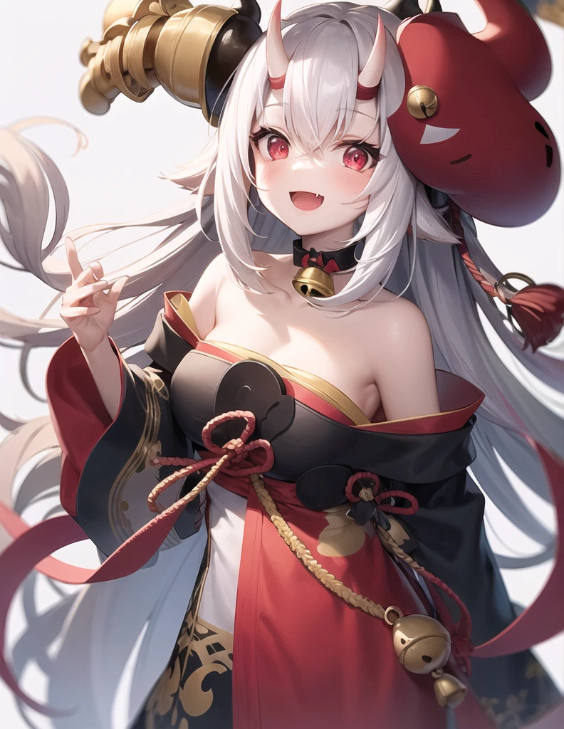 line-drawing-style,(best quality),(masterpiece),1girl, solo, bell, hair bell, virtual youtuber, nakiri ayame, long hair, horns, red eyes, hair ornament, double bun, hair bun, smile, mask, white hair, oni horns, oni mask, upper body, multicolored hair, blush, white background, open mouth, jingle bell, japanese clothes, mask on head, red hair, bare shoulders, kimono, simple background, streaked hair, holding, off shoulder, bangs, :d, tassel, oni, , fang