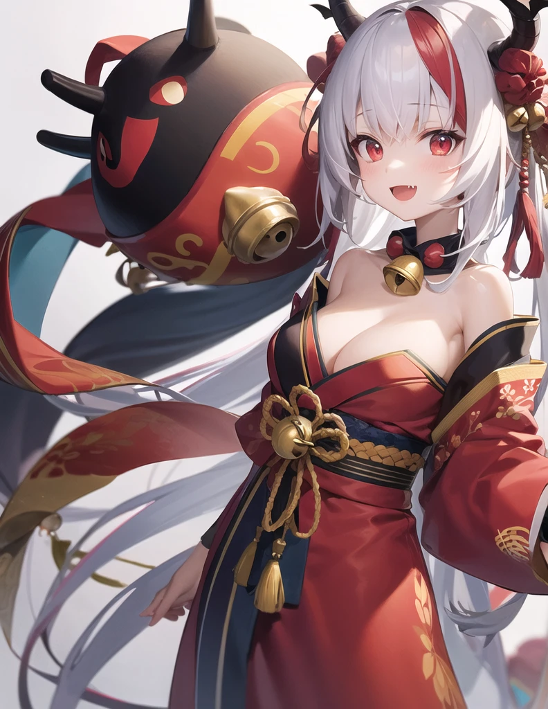 line-drawing-style,(best quality),(masterpiece),1girl, solo, bell, hair bell, virtual youtuber, nakiri ayame, long hair, horns, red eyes, hair ornament, double bun, hair bun, smile, mask, white hair, oni horns, oni mask, upper body, multicolored hair, blush, white background, open mouth, jingle bell, japanese clothes, mask on head, red hair, bare shoulders, kimono, simple background, streaked hair, holding, off shoulder, bangs, :d, tassel, oni, breasts, fang