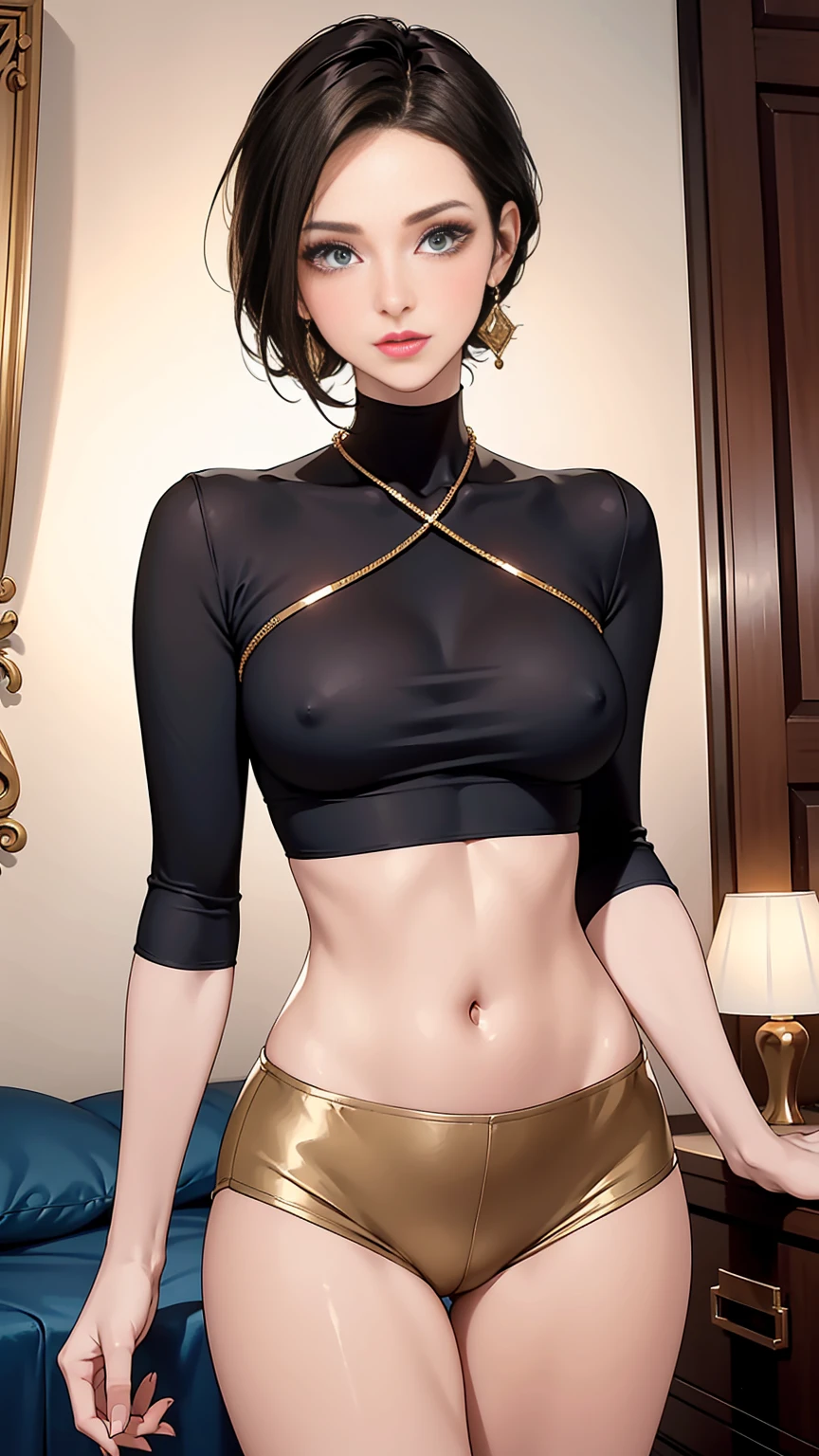 Beautiful woman with short straight black hair with green eyes wearing Orange Tight Leggings, Sexy Criss Cross Mock Neck Short Sleeves Blue Blouse, luxurious jewelry, 18k gold wedding ring on left hand, standing in her bedroom at night, (caucasian skin), (light brown lipstick), (elegant mascara), (slim body), (small breasts), (wide hips), midjourney, <lora:GoodHands-, <lora:GoodLegs-, UHD, high resolution, (expressive eyes, perfect face, full body, expressive face, perfect body, perfect pussy, athletic, fit, slim body, blushing, Perfect makeup, eyeliner, beautiful eyelashes, smiling, horny face), ((best illumination, best shadows)), ((sexy pose))