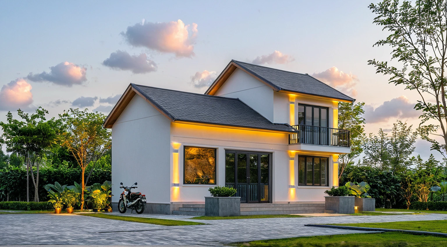 Masterpiece, high-end, best quality, authentic, super detailed, outdoor, aiaigroup, modern 2-storey townhouse, stairs, white walls combined with wood, wind encaustic tiles, iron gate, conwood ceiling, flowers , path, summer evening, grass, trees, sky, clouds, (daylight: 1.1)