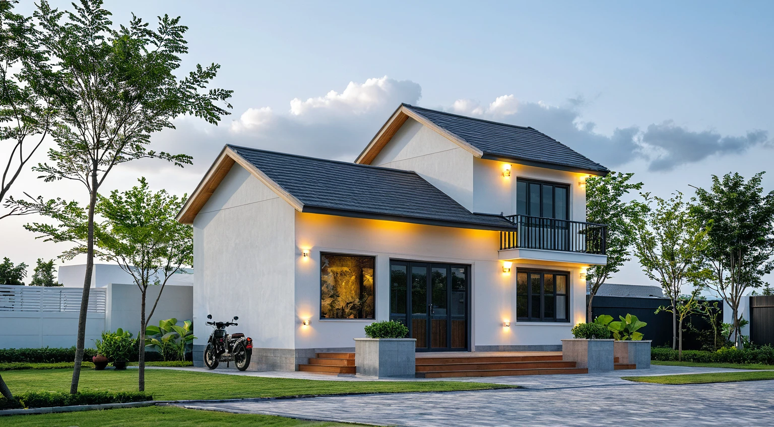 Masterpiece, high-end, best quality, authentic, super detailed, outdoor, aiaigroup, modern 2-storey townhouse, stairs, white walls combined with wood, wind encaustic tiles, iron gate, conwood ceiling, flowers , path, summer evening, grass, trees, sky, clouds, (daylight: 1.1)