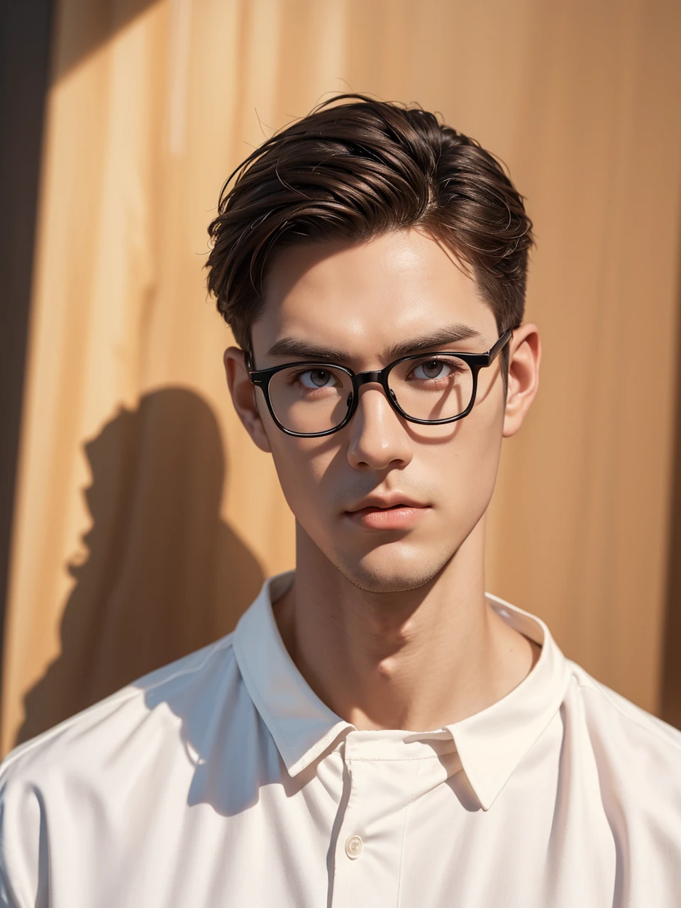 Photo of a young, bespectacled, bookish man sitting in a cafe, wearing a white shirt surrounded by a cozy atmosphere, looking at the viewer. short, slim hair, masculine clothes, looking at the camera