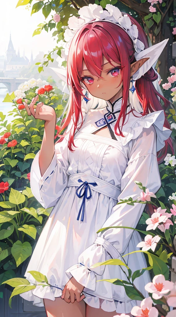 woman, 14 years old、Dark Elf, Dark Skin, Pointed Ears, Navy Blue Hair、Red eyes、Somen、Kind eyes、Blushing、garden、White Dress、long hair