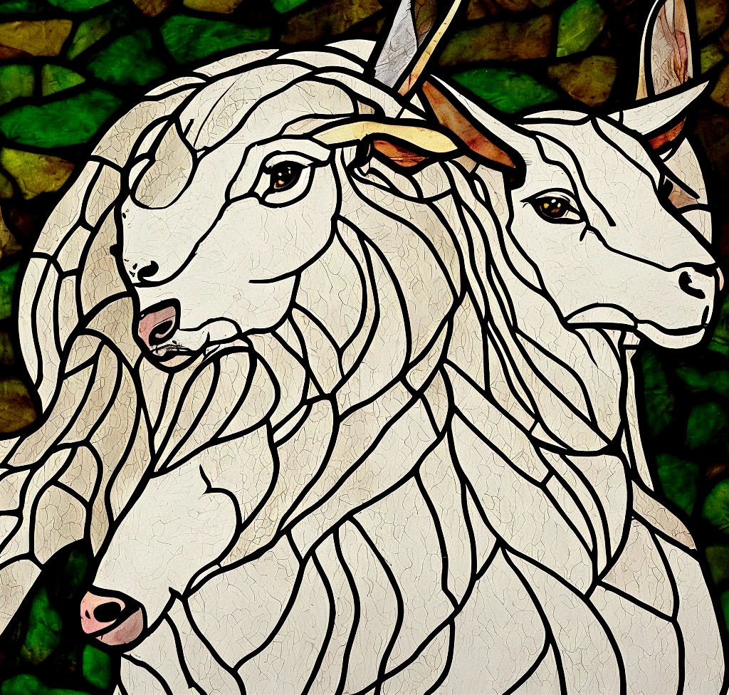 I want the style of church stained glass，The Capricorn sheep head needs to be a frontal face and the style should be a simple cartoon，Don’t use too many colors overall，Don’t make it too complicated