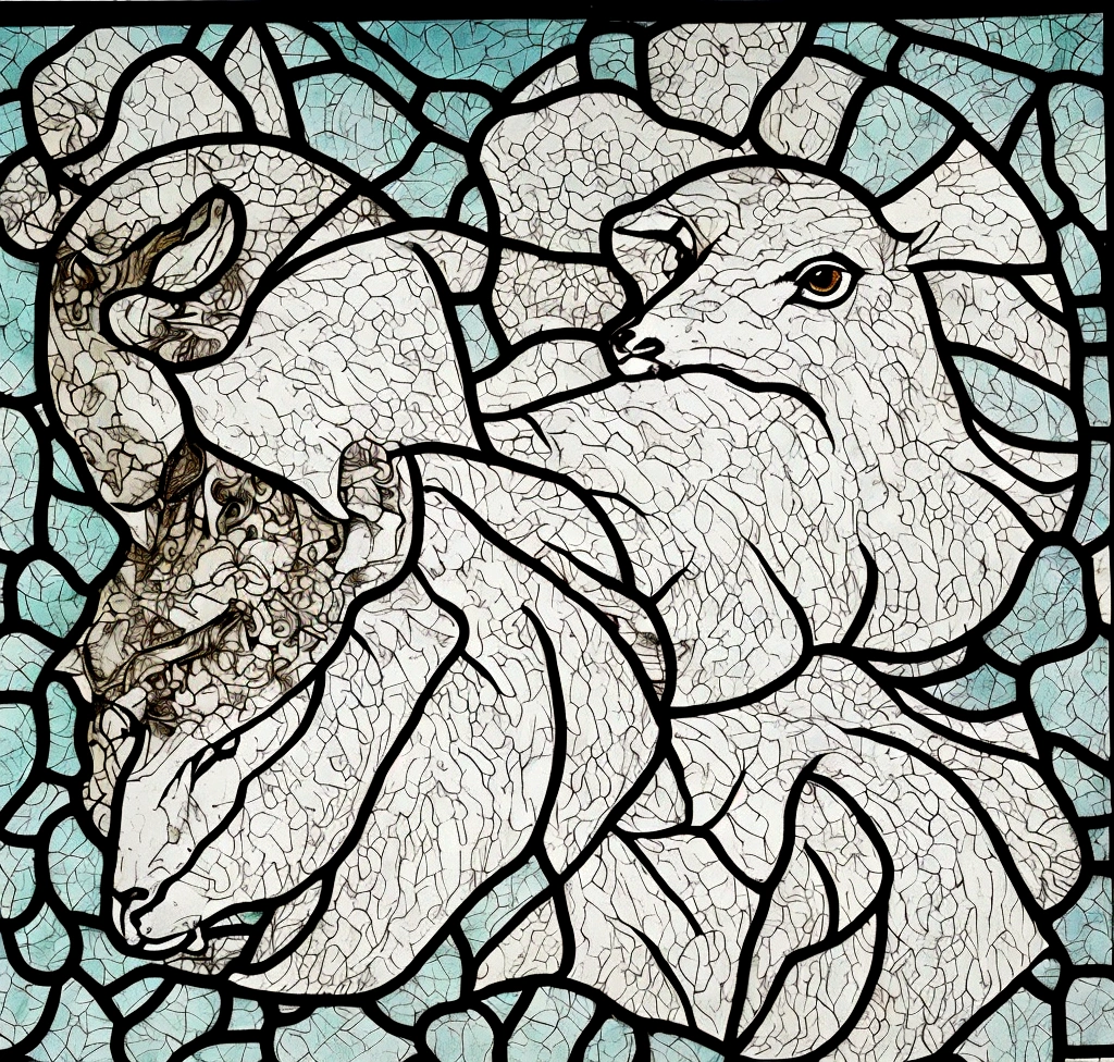 I want the style of church stained glass,The Capricorn sheep head needs to be a frontal face and the style should be a simple cartoon,Don’t use too many colors overall,Don’t make it too complicated