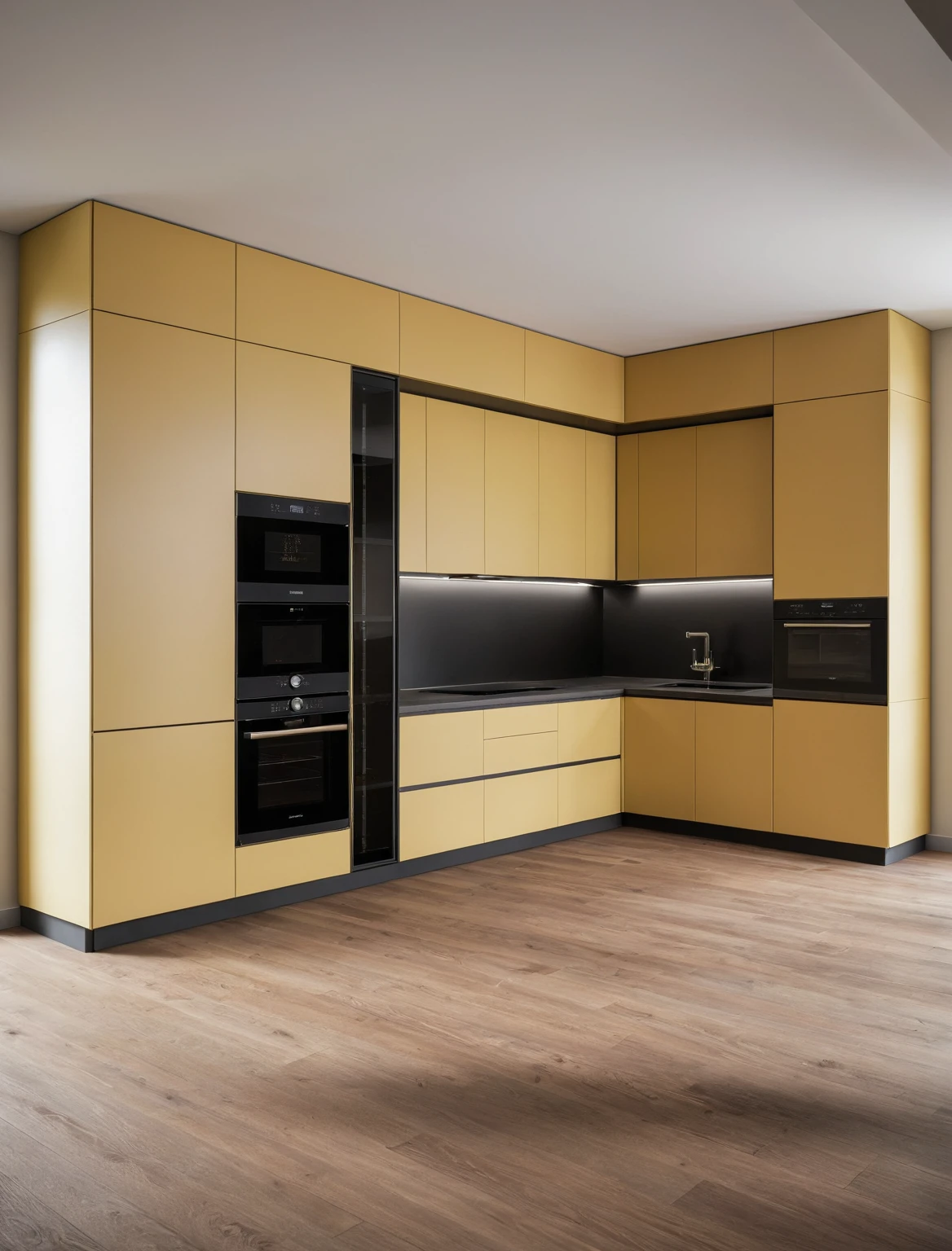 Raw photo,Masterpiece, high quality, best quality, authentic, super detail, interior , sunset, daylight, Kitchen Cabinets style minimalist, Induction cooker, sink, faucet, oven, built-in microwave, wooden floor, hood, wine cabinet, ((colour block))