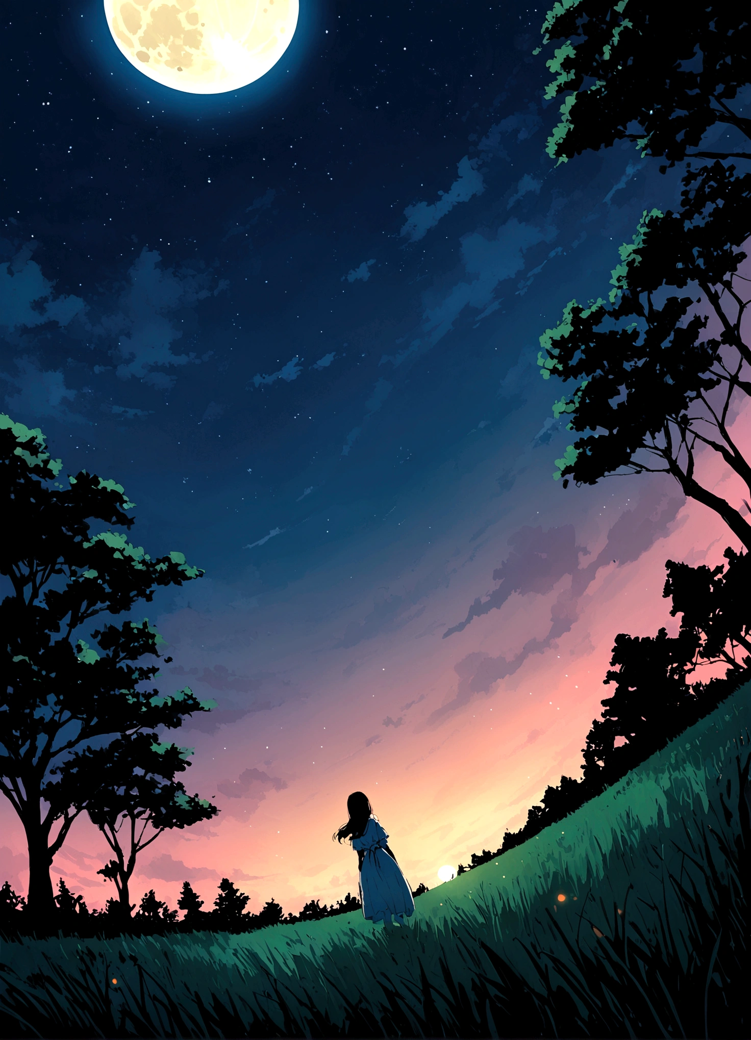 Wonderful night sky, beautiful moon, wide Angle, romantic night, vast green plain, Makoto Shinkai _ Miyazaki _ Makoto Shinkai _ Miyazaki _ Japanese manga _