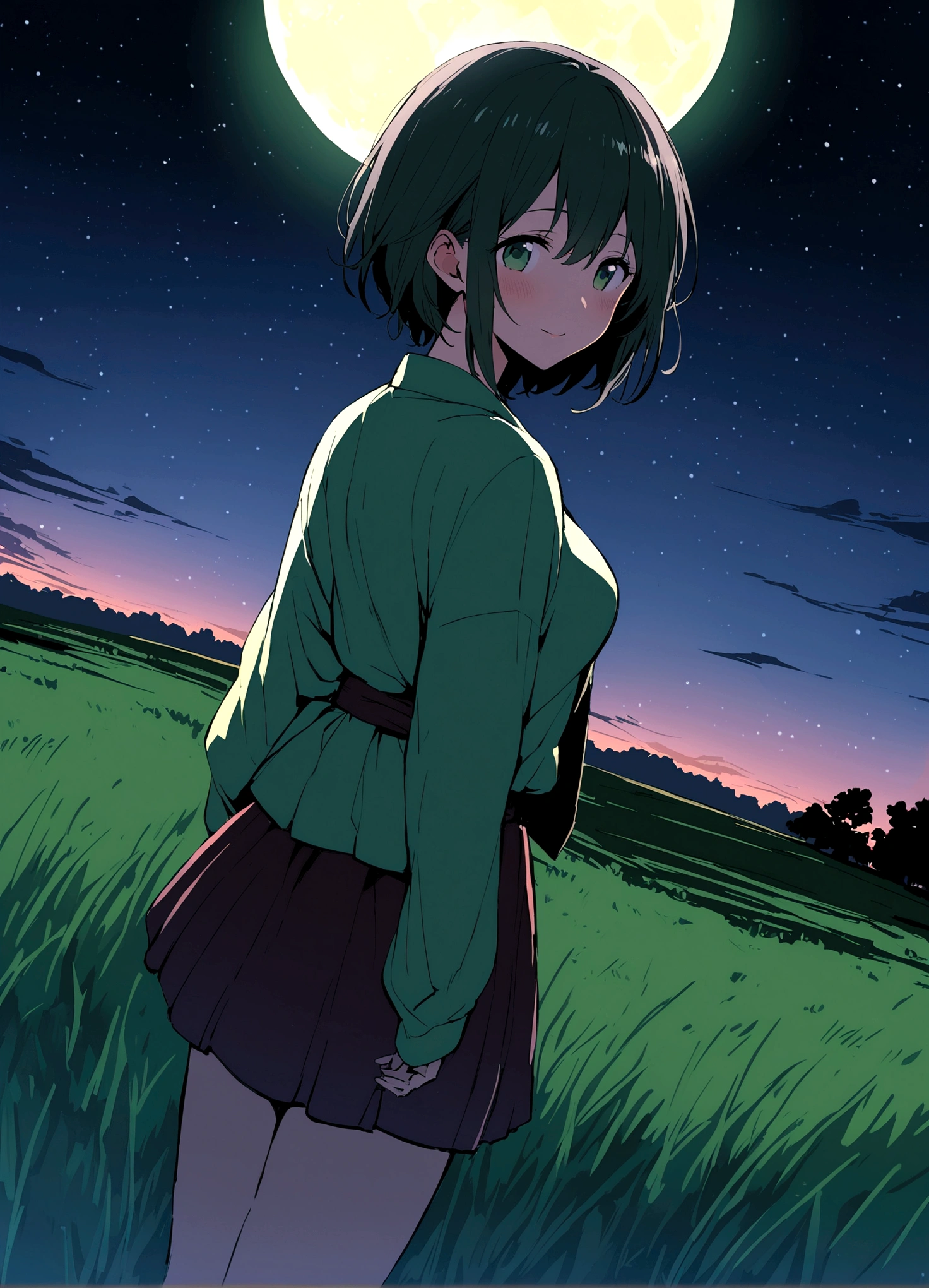 Wonderful night sky, beautiful moon, wide Angle, romantic night, vast green plain, Makoto Shinkai _ Miyazaki _ Makoto Shinkai _ Miyazaki _ Japanese manga _