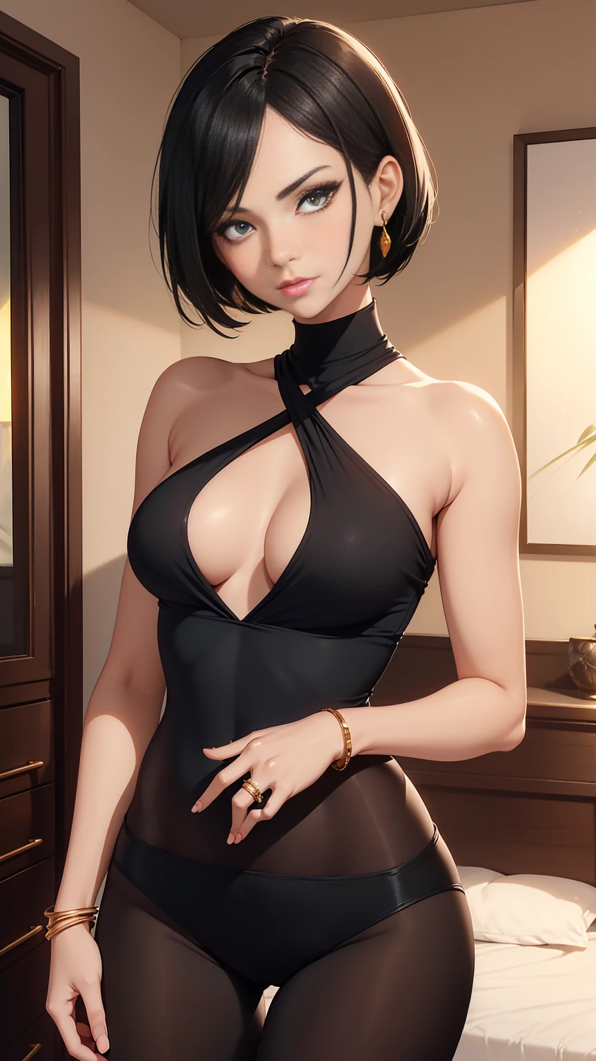 Beautiful woman with short straight black hair with green eyes wearing Orange Tight Leggings, Sexy Criss Cross Mock Neck Short Sleeves Blue Blouse, luxurious jewelry, 18k gold wedding ring on left hand, standing in her bedroom at night, (caucasian skin), (light brown lipstick), (elegant mascara), (slim body), (small breasts), (wide hips), midjourney, <lora:GoodHands-, <lora:GoodLegs-, UHD, high resolution, (expressive eyes, perfect face, full body, expressive face, perfect body, perfect pussy, athletic, fit, slim body, blushing, Perfect makeup, eyeliner, beautiful eyelashes, smiling, horny face), ((best illumination, best shadows)), ((sexy pose))