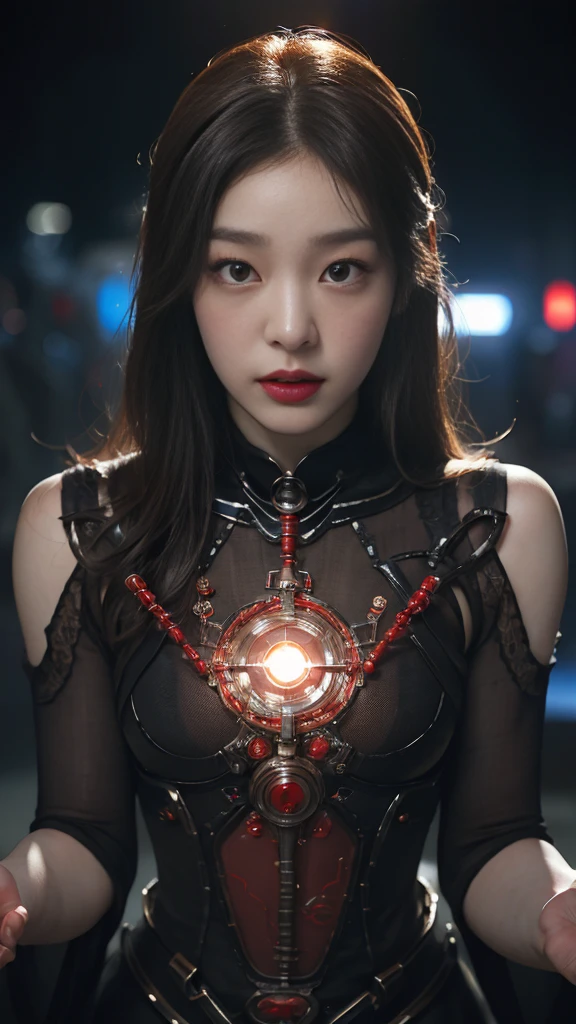 (기계1 girl과 외계인 1명)、（mystical expression）、top quality、masterpiece、Super high resolution、(realistic:1.4)、((heavy chest)),raw photo、1 girl、shiny skin、(((1 Mechanical Girl)))、((transparent crystal suit bodysuit、the body can see through)).(natural alien background to fight aliens)、(Compact LEDs)、((매우 realistic 디테일))),world lights、shadow、octane render、8K、very sharp、desk person background、giant 、Raw skin exposed in cleavage、red metal、Details of intricate ornaments、Japan Details、very intricate details、realistic light、(mystical expression),CG Society Trenlow Eyes、Shining eyes towards the camera、Mechanical peripheral blood vessels connected to tubes with neon details)、(Wires and cables connected to the head)、Compact L,mechanical thighs、Two-Stock、（Hands were also made by machines）、、alien from the future、Please wear a mechanical helmet.、