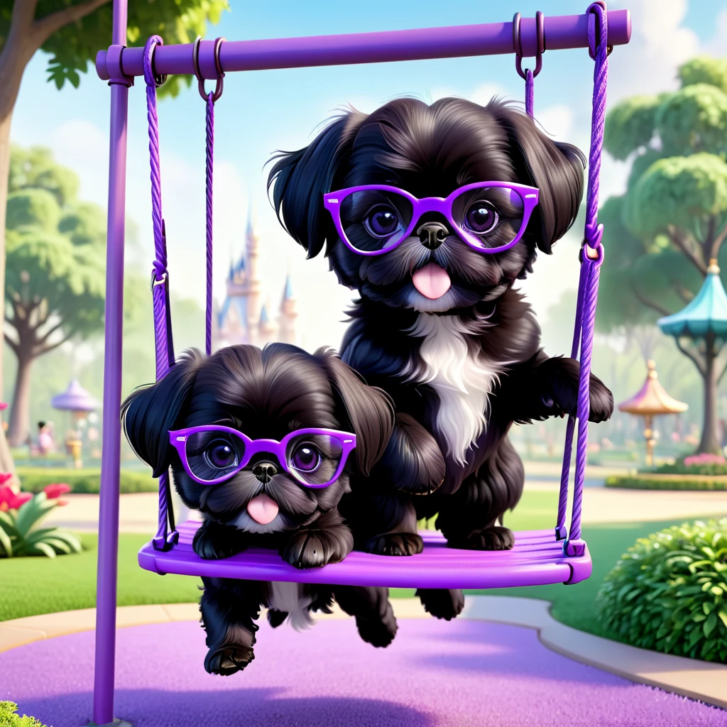 2 Adorable small black Shih Tzu puppies wearing purple glasses swinging at park Disney background 3d cartoon 3d render disney pixar style