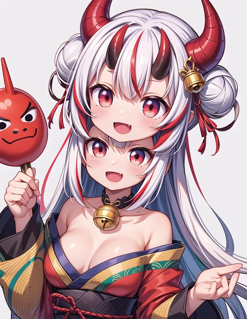 line-drawing-style,(best quality),(masterpiece),1girl, solo, bell, hair bell, virtual youtuber, nakiri ayame, long hair, horns, red eyes, hair ornament, double bun, hair bun, smile, mask, white hair, oni horns, oni mask, upper body, multicolored hair, blush, white background, open mouth, jingle bell, japanese clothes, mask on head, red hair, bare shoulders, kimono, simple background, streaked hair, holding, off shoulder, bangs, :d, tassel, oni, breasts, fang