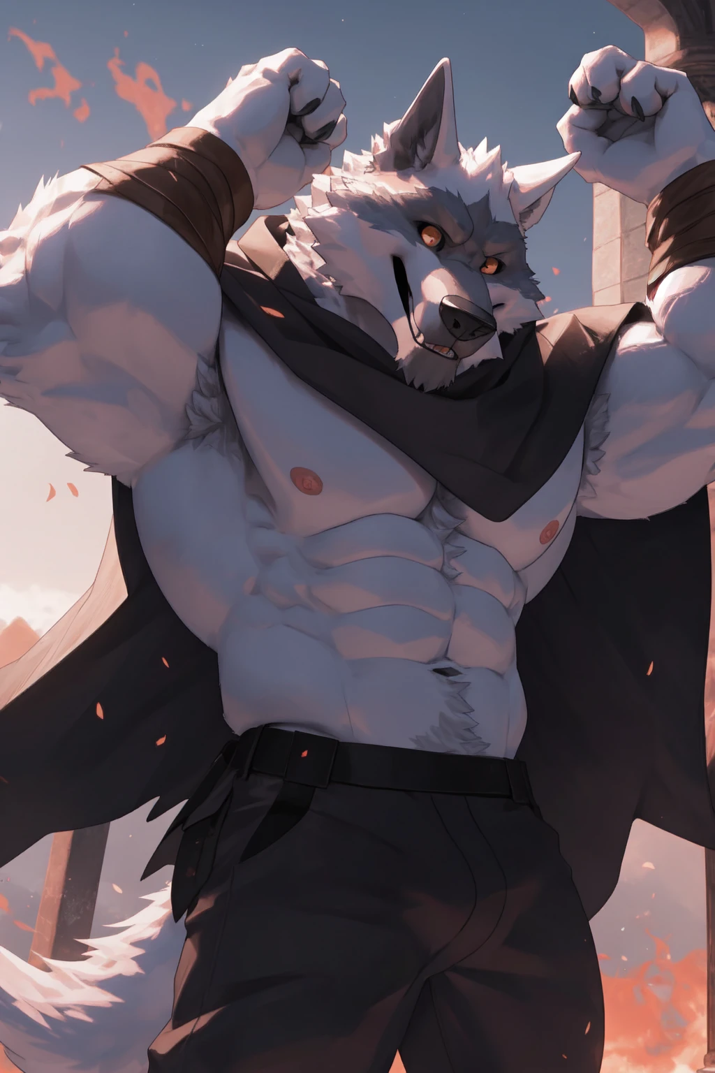 Death, wolf, male, wearing a black cloak, shirtless, pink nipples, black hairy armpits, wearing black pants, happy, hd 8k