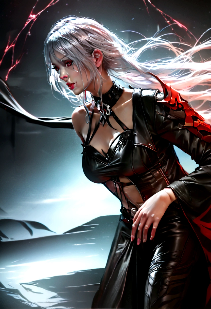 a woman with long white hair with red strokes, detailed red eyes, holding a large red sword, wearing black clothes, (best quality,4k,8k,highres,masterpiece:1.2),ultra-detailed,(realistic,photorealistic,photo-realistic:1.37),highly detailed face, intricate hair strands, dramatic lighting, cinematic composition, moody atmosphere, dark fantasy, fantasy art