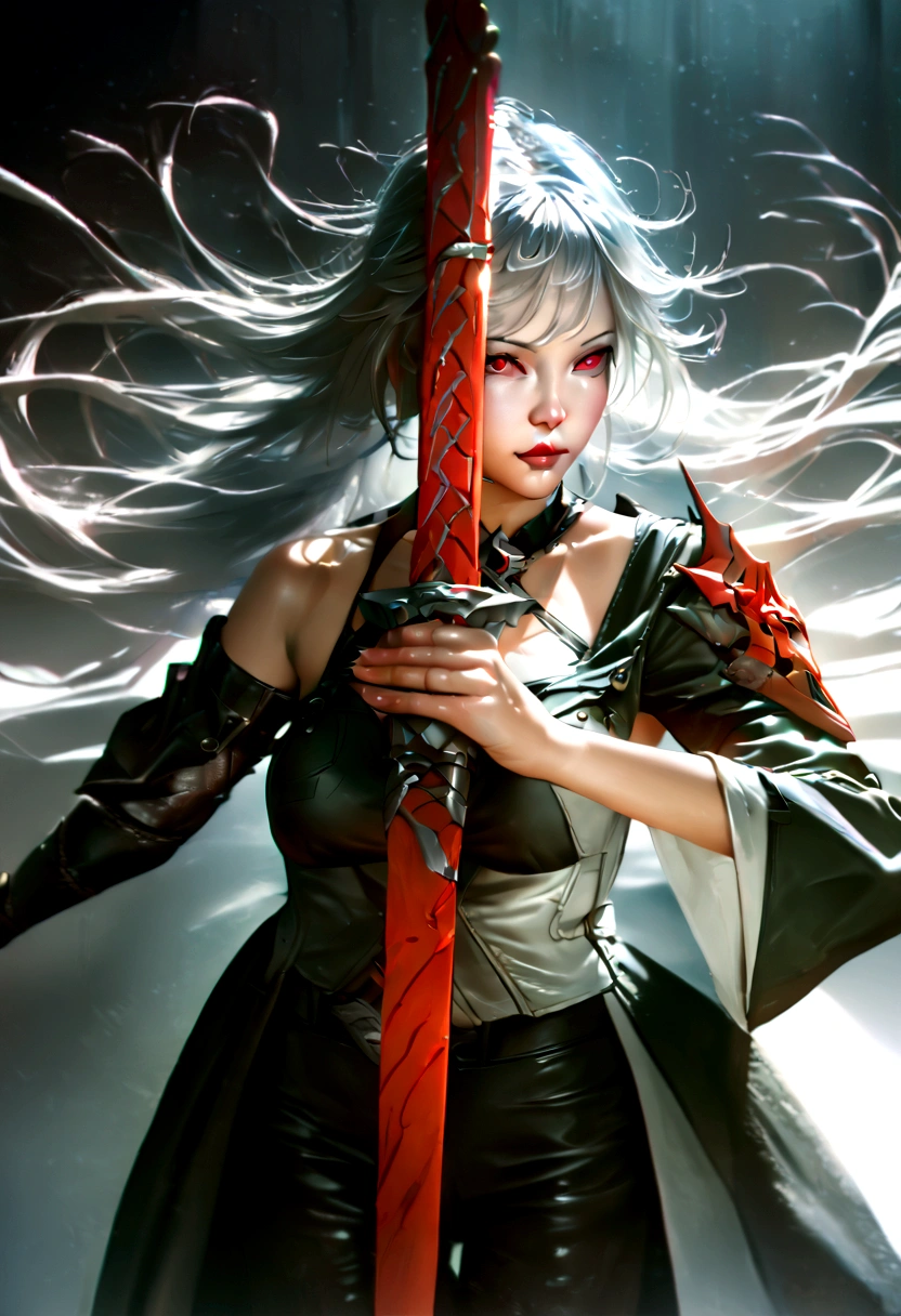 a woman with long white hair with red strokes, detailed red eyes, holding a large red sword, wearing black clothes, (best quality,4k,8k,highres,masterpiece:1.2),ultra-detailed,(realistic,photorealistic,photo-realistic:1.37),highly detailed face, intricate hair strands, dramatic lighting, cinematic composition, moody atmosphere, dark fantasy, fantasy art