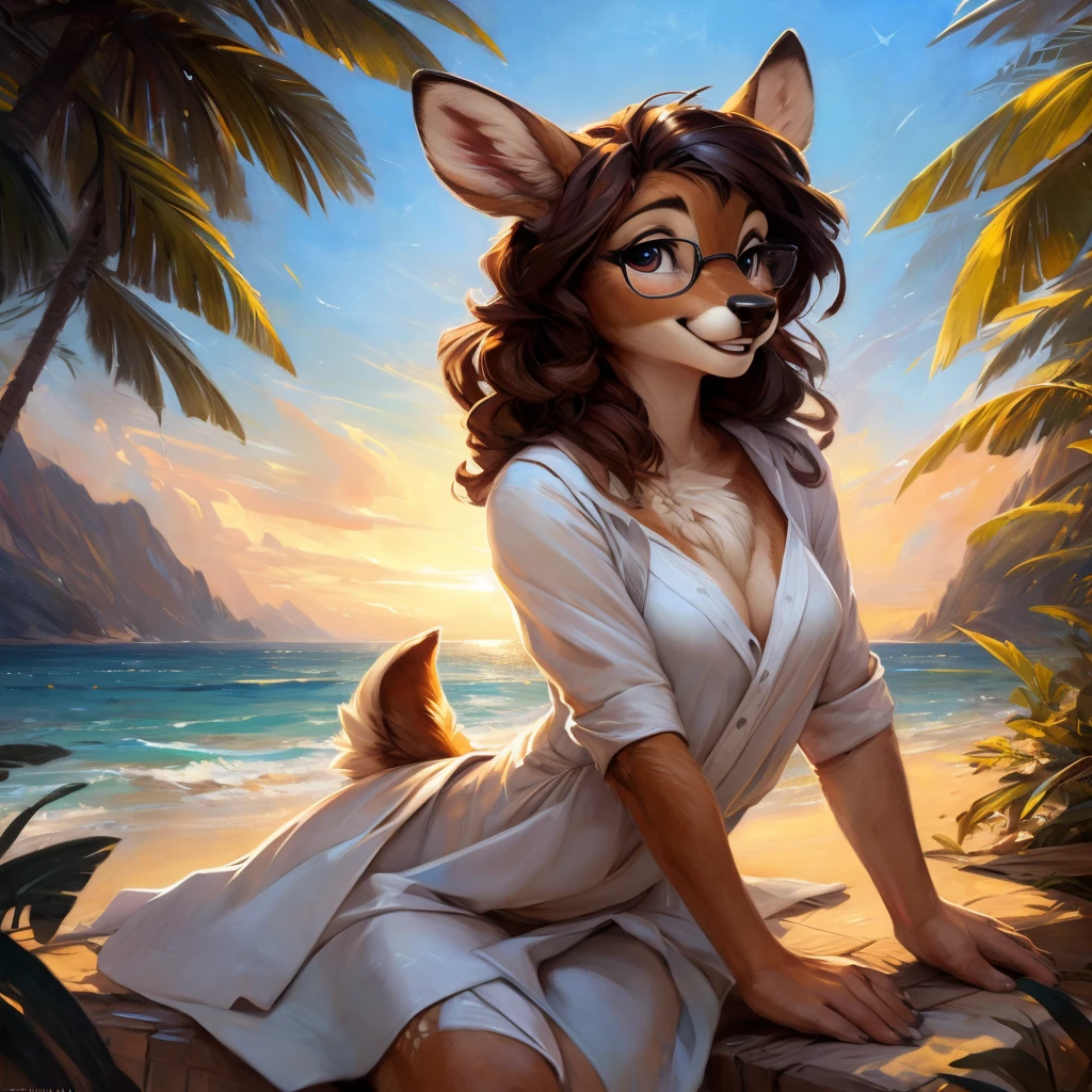 uploaded on e621, by Pixelsketcher, by Bayard Wu, by Thomas Benjamin Kennington , by Einshelm, by hioshiru and kenket, Chunie, portrait, solo anthro female deer doe, with small featureless breasts, clear dark blue, cinematic lighting, day, sunny day, beach, stays in the sea, sea background, mediterranean background, horizon background, shiny, short curly dark brown hair, wears big black nerd glasses, very very beautiful furry art, furry art, smiling, joyful, shiny, happy, feminine, cute face, muzzle, fluffy chest, flawless face, Fallow deer, 1girl, Sakimichan is beautiful, Masterpiece, Wavethesallow Face, shiny, Detailed image, portrait, Detailed image, portrait, full body, wearing wide, long, white blouse, shiny, realistic face, perfect anatomy, hourglass body, (furry body:1.1), anthropomorphic deer, looks at the viewer, small fluffy tail, detailed background, (cute anatomy:1.1), windy, smiling, very happy, happy