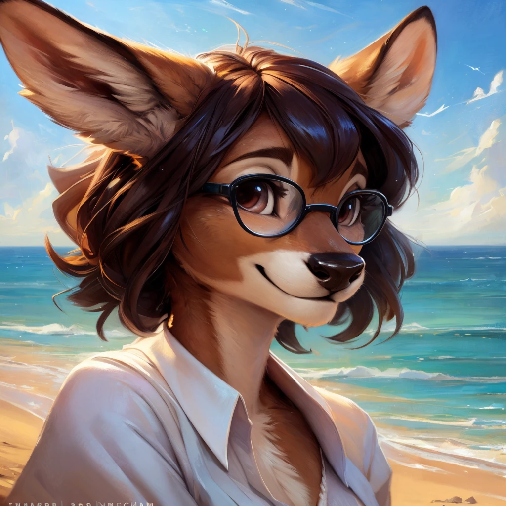 uploaded on e621, by Pixelsketcher, by Bayard Wu, by Thomas Benjamin Kennington , by Einshelm, by hioshiru and kenket, Chunie, portrait, solo anthro female deer doe, with small featureless breasts, clear dark blue, cinematic lighting, day, sunny day, beach, stays in the sea, sea background, mediterranean background, horizon background, shiny, short curly dark brown hair, wears big black nerd glasses, very very beautiful furry art, furry art, smiling, joyful, shiny, happy, feminine, cute face, muzzle, fluffy chest, flawless face, Fallow deer, 1girl, Sakimichan is beautiful, Masterpiece, Wavethesallow Face, shiny, Detailed image, portrait, Detailed image, portrait, full body, wearing wide, long, white blouse, shiny, realistic face, perfect anatomy, hourglass body, (furry body:1.1), anthropomorphic deer, looks at the viewer, small fluffy tail, detailed background, (cute anatomy:1.1), windy, smiling, very happy, happy
