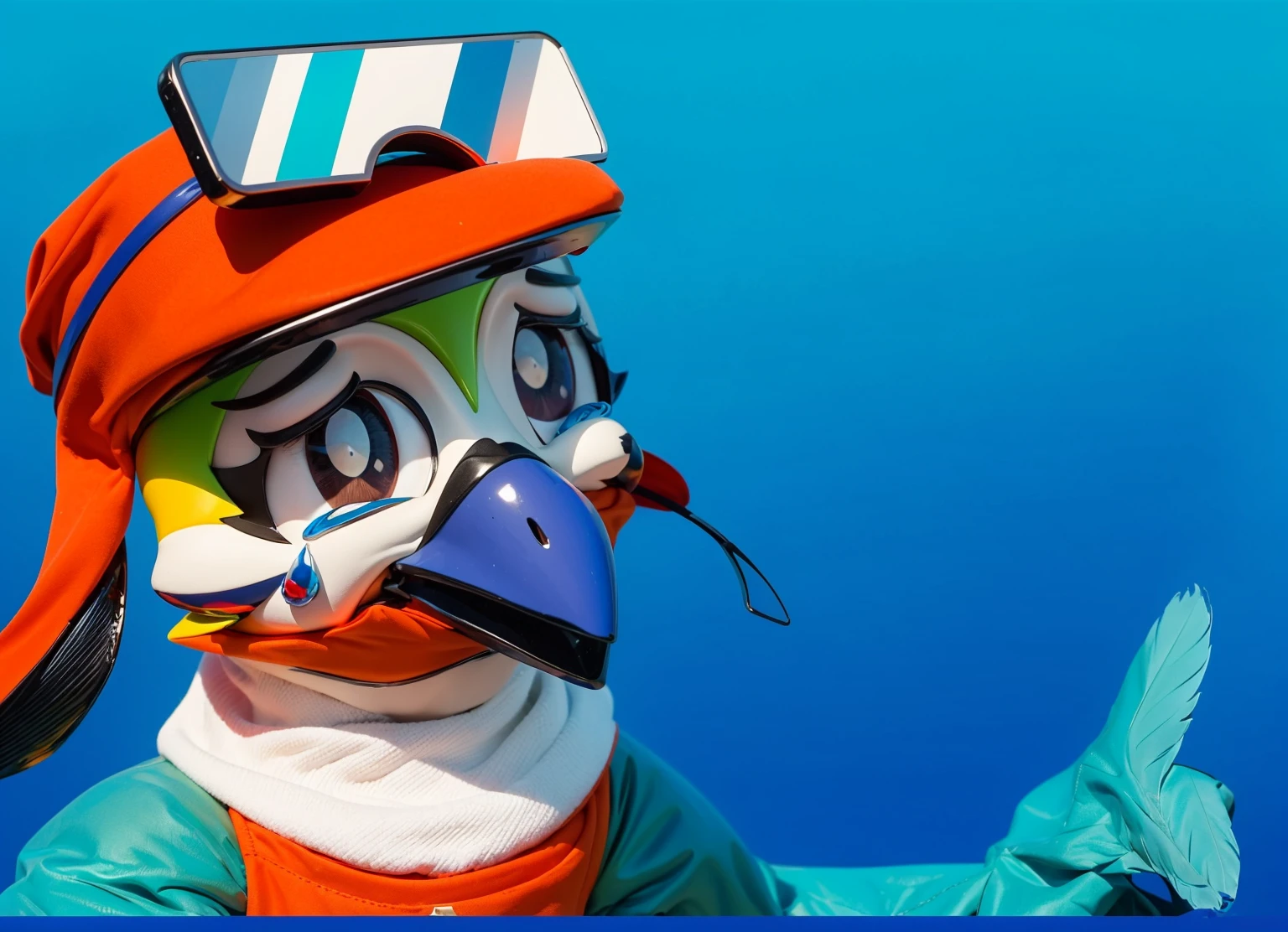 This image depicts a cartoon bird character against a gradient blue background. The bird has multicolored plumage with dominant green on its forehead, white on its neck, and a blue beak. It is wearing a red cap with a large visor and goggles with blue and white lenses, which are lifted onto its head. The bird's face shows large, expressive eyes with tears streaming down its cheeks, giving an impression of sadness or sorrow. The character is dressed in a red vest that contrasts with its blue wings. The emotional expression and colorful appearance of the bird add vibrancy and charm to the image.glossy cute