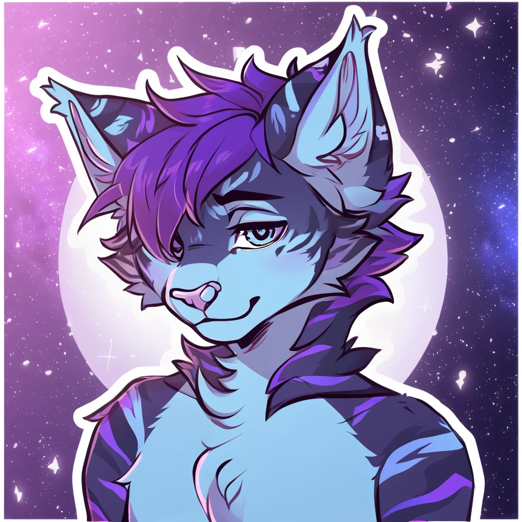 adult, feline, mammal, anthro, anthromorphic, cat, striped, fur, furred_anthro, femboy, male, dark_blue, ear_tufts, paws, hair_tuft, hair_between_eyes, long_tail, fluffy, expressive_eyes, purple_hair, light, galaxy_fur, looking_at_viewer, light_blue_chest, shy, small_pupils, spotted_pattern, stripes, digital_art, high_resolution, high_res, background shy, head_visible, neck_visible, profile_picture, seductive_face, galaxy_background, white_outline, angry_expression