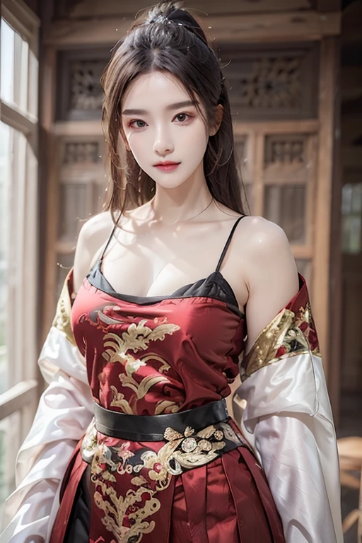 ((You are a beautiful woman.)), Fei Yu_robes, hips up, Scenery of ancient Chinese houses, Evening, red mouth, High nose, big breasts, red cloth, Gold Embroidery, black embroidered gold, blonde hair, high ponytail, depth of field, สาวสวยกับdetailsที่สวยงาม, European face, ดวงตาและใบหน้าที่Very detailed，robesdetailsมาก, The resolution is incredibly ridiculous.， hugeFilesize， ไฮเปอร์details， High resolution， Very detailed， best quality， Masterpiece, The resolution is incredibly ridiculous., illustration， มีdetailsและสวยงามเป็นพิเศษ，official art, Very detailed， CG， unity， 8k wallpaper， Surprisingly， details， Masterpiece， Highest quality, วอลล์เปเปอร์ CG unity 8k ที่มีdetailsมาก（Perfect shiny skin：0.6）Best shots)), ((Masterpiece)), (details),