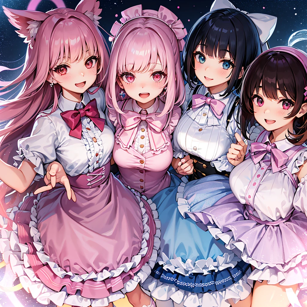long hair, looking at viewer, smile, short hair, open mouth, bangs, blue eyes, multiple girls, skirt, brown hair, black hair, hair ornament, red eyes, thighhighs, gloves, hat, dress, bow, ribbon, brown eyes, jewelry, pink hair, flower, short sleeves, :d, earrings, frills, sky, striped, puffy sleeves, cloud, white gloves, blunt bangs, bowtie, pink eyes, star (symbol), grin, puffy short sleeves, wrist cuffs, bird, 6+girls, heterochromia, white headwear, blue bow, outstretched arms, frilled skirt, 5girls, blue ribbon, pink bow, pink dress, pink skirt, sunset, striped bow, rainbow