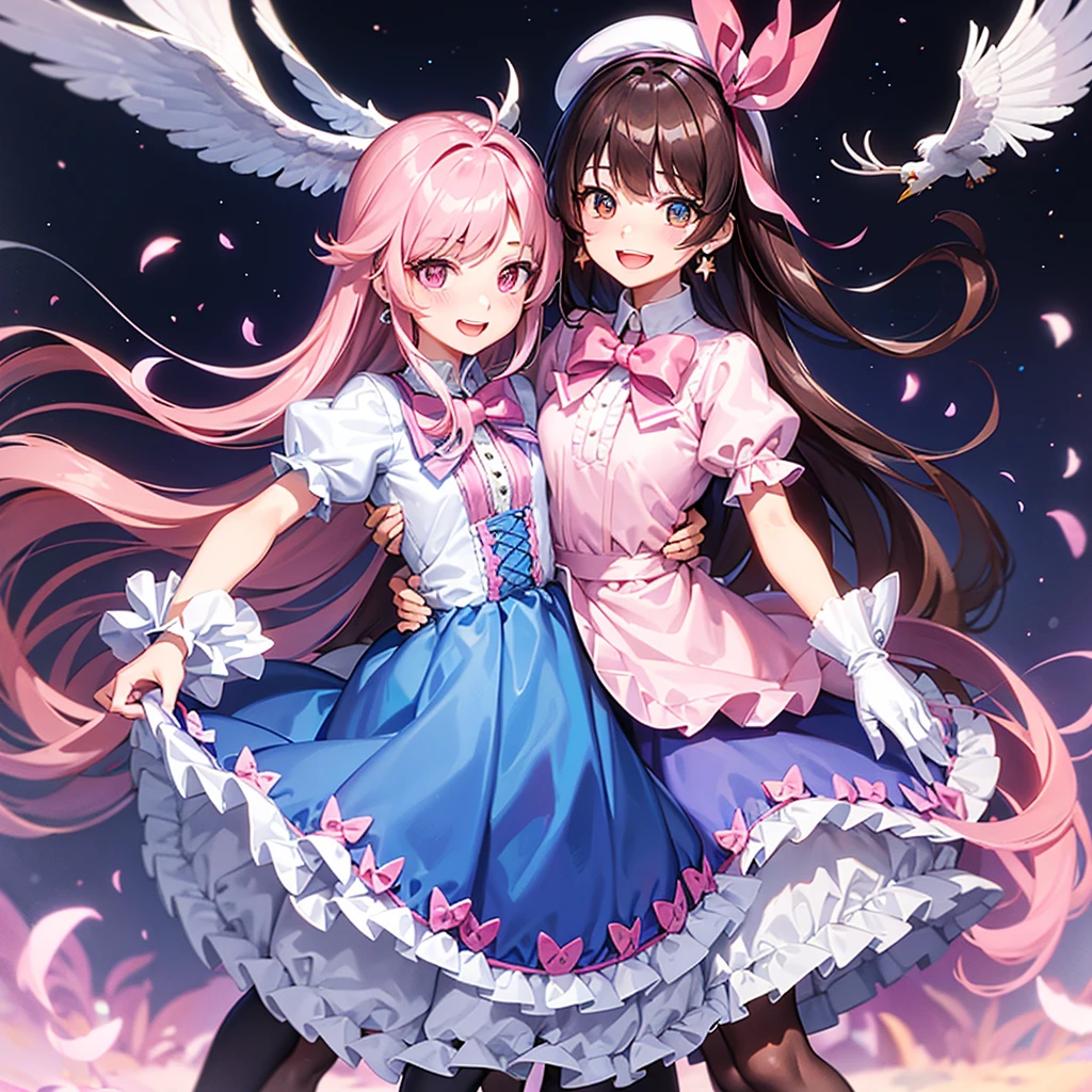long hair, looking at viewer, smile, short hair, open mouth, bangs, blue eyes, multiple girls, skirt, brown hair, black hair, hair ornament, red eyes, thighhighs, gloves, hat, dress, bow, ribbon, brown eyes, jewelry, pink hair, flower, short sleeves, :d, earrings, frills, sky, striped, puffy sleeves, cloud, white gloves, blunt bangs, bowtie, pink eyes, star (symbol), grin, puffy short sleeves, wrist cuffs, bird, 6+girls, heterochromia, white headwear, blue bow, outstretched arms, frilled skirt, 5girls, blue ribbon, pink bow, pink dress, pink skirt, sunset, striped bow, rainbow