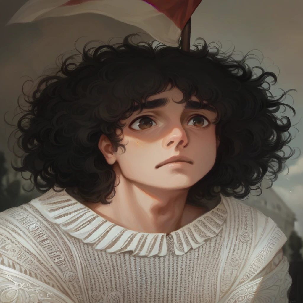 a lot, forehead, portrait, boy with curly hair, moreno, medium long, outdoor, backlight, Luz outfit, medieval, France, holding red flag, seeking out, red, Blue, White, pants