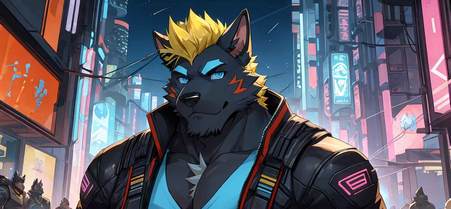 perfect face, bara furry, dog man, big body, black skin, short quiff yellow hair, blue eyes, perfect eyes, big dog ears, handsome, cyberpunk, in the sky