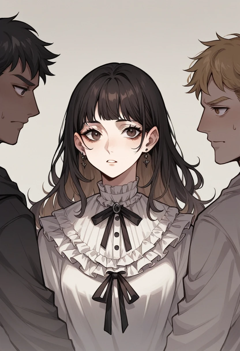 A girl with straight black hair in a gothic style, dark brown eyes, and that she is surrounded by three boys,the first one who is tall and cold-faced with brown hair,the second of short stature with blonde hair and modern style,the third with wavy black hair with pearly skin.