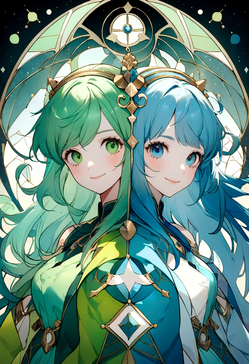 “Create an image of two twin girls representing the Gemini zodiac sign. The theme colors should be blue and green. Ensure that the Gemini zodiac symbol is included in the image. The girls should have a playful and harmonious appearance, reflecting the duality and versatility of Gemini.”