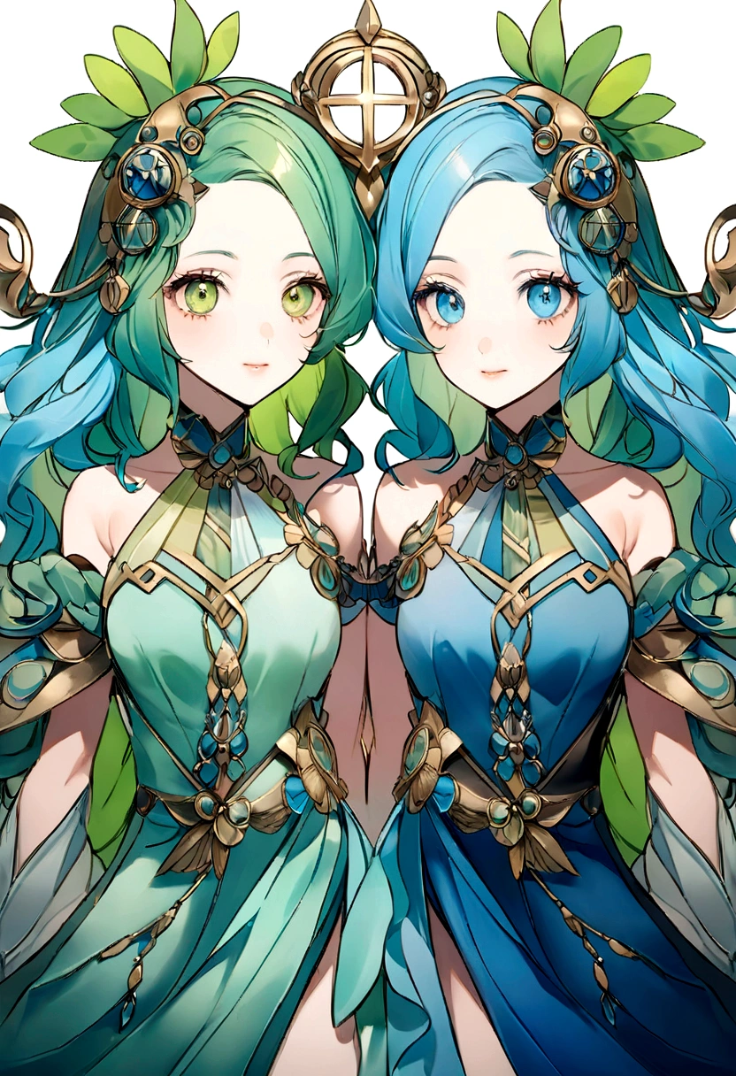 “Create an image of two twin girls representing the Gemini zodiac sign. The theme colors should be blue and green. Ensure that the Gemini zodiac symbol is included in the image. The girls should have a playful and harmonious appearance, reflecting the duality and versatility of Gemini.”