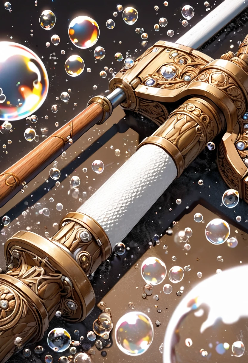 extremely detailed 2 handed hammer weapon that is brown & white surrounded by bubbles