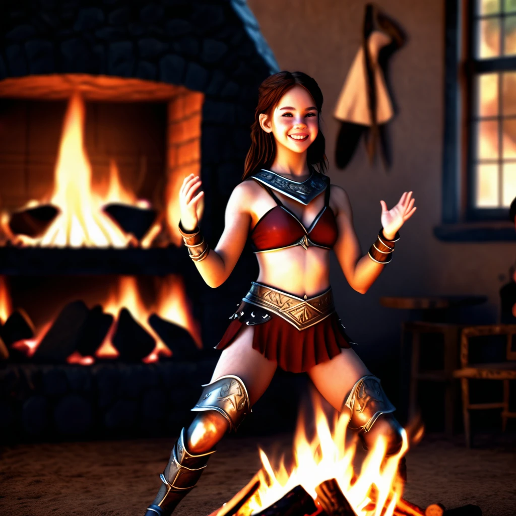 Warrior girl dancing by the fire. Her warrior friends are sitting nearby and applauding.. Realistic style, digital art. medium shot.