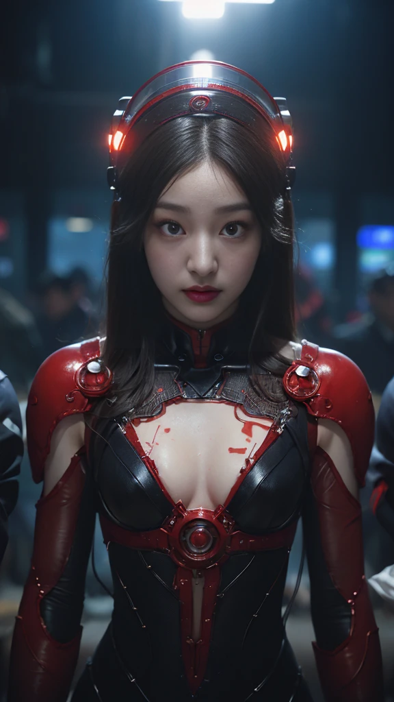 (기계1 girl과 외계인 1명)、（mystical expression）、top quality、masterpiece、Super high resolution、(realistic:1.4)、((heavy chest)),raw photo、1 girl、shiny skin、(((1 Mechanical Girl)))、((transparent crystal suit bodysuit、the body can see through)).(natural alien background to fight aliens)、(Compact LEDs)、((매우 realistic 디테일))),world lights、shadow、octane render、8K、very sharp、desk person background、giant 、Raw skin exposed in cleavage、red metal、Details of intricate ornaments、Japan Details、very intricate details、realistic light、(mystical expression),CG Society Trenlow Eyes、Shining eyes towards the camera、Mechanical peripheral blood vessels connected to tubes with neon details)、(Wires and cables connected to the head)、Compact L,mechanical thighs、Two-Stock、（Hands were also made by machines）、、alien from the future、Please wear a mechanical helmet.、