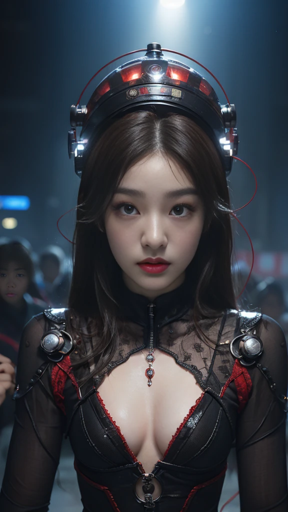 (기계1 girl과 외계인 1명)、(mystical expression)、top quality、masterpiece、Super high resolution、(realistic:1.4)、((heavy chest)),raw photo、1 girl、shiny skin、(((1 Mechanical Girl)))、((transparent crystal suit bodysuit、the body can see through)).(natural alien background to fight aliens)、(Compact LEDs)、((매우 realistic 디테일))),world lights、shadow、octane render、8K、very sharp、desk person background、giant 、Raw skin exposed in cleavage、red metal、Details of intricate ornaments、Japan Details、very intricate details、realistic light、(mystical expression),CG Society Trenlow Eyes、Shining eyes towards the camera、Mechanical peripheral blood vessels connected to tubes with neon details)、(Wires and cables connected to the head)、Compact L,mechanical thighs、Two-Stock、(Hands were also made by machines)、、alien from the future、Please wear a mechanical helmet.、