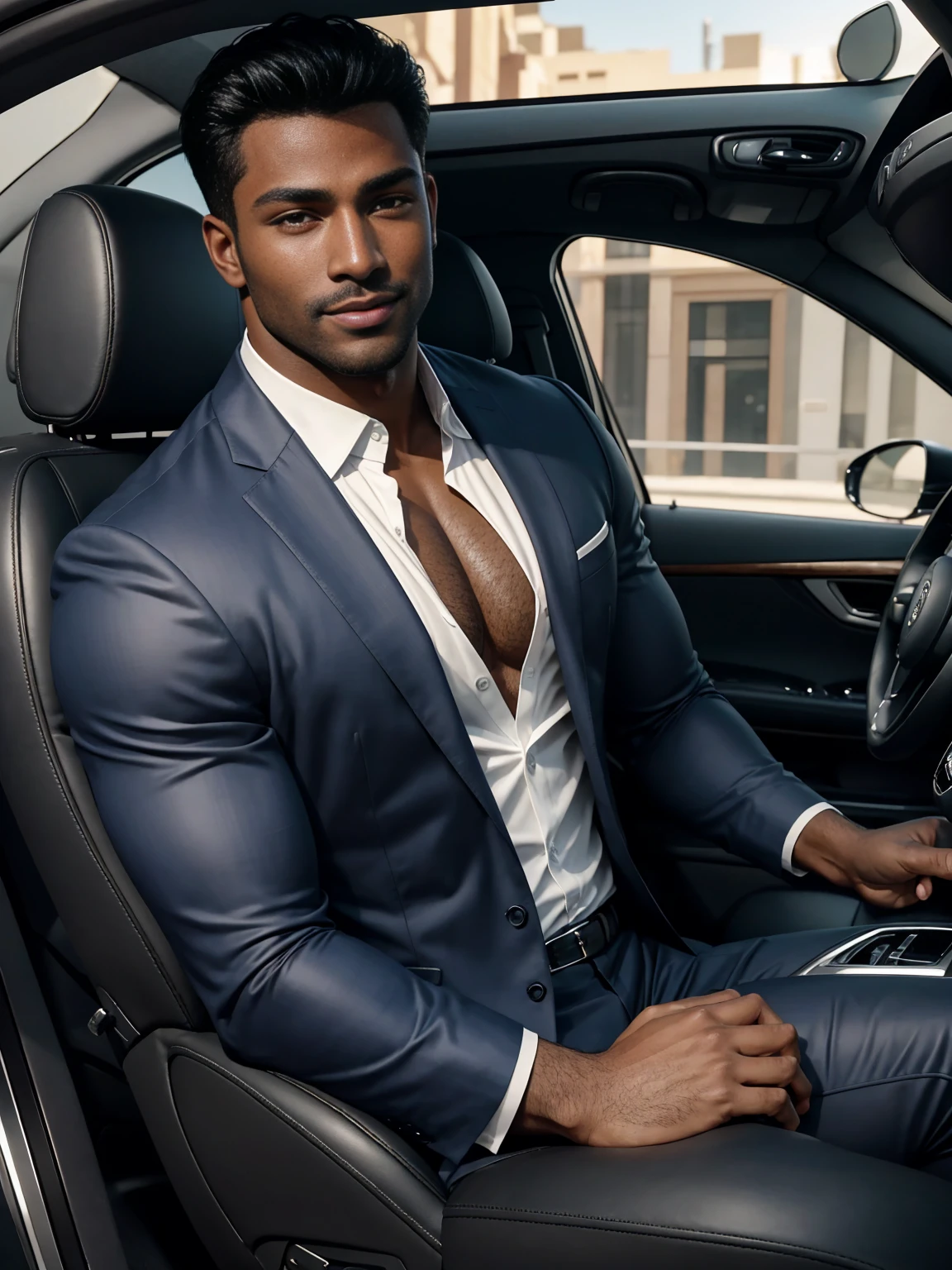 8K,8K resolution,2 Muscular Europeans, handsome man,charming eyes,dark skin,beautiful, smooth and shiny,Full muscles,Thick body hair, (wearing a stylish suit),big bag highlights,Excellent j8,emphasize,Driving a luxury convertible,The car is full of roses,Two men smiling happily,professional lighting,Professional photography,Realistic photos,realistic model,realistic art,Perfect hand details