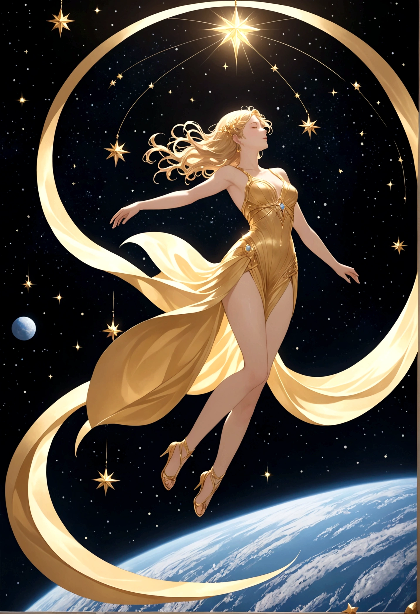 (masterpiece、highest quality、High resolution、8k)、Alone in space、Greek Goddess、Standing posture、whole body、Super beautiful、(Floating in the sky like a star、Floating、Floating)、金色のLightがwhole bodyを包んでいる、whole bodyがLightの中にある、Looking down on the earth、(目がくらむほどのLight、Light、Light)、宇宙はLightに満ち満ちている、Dynamic Movement、The universe is great、God is Great、