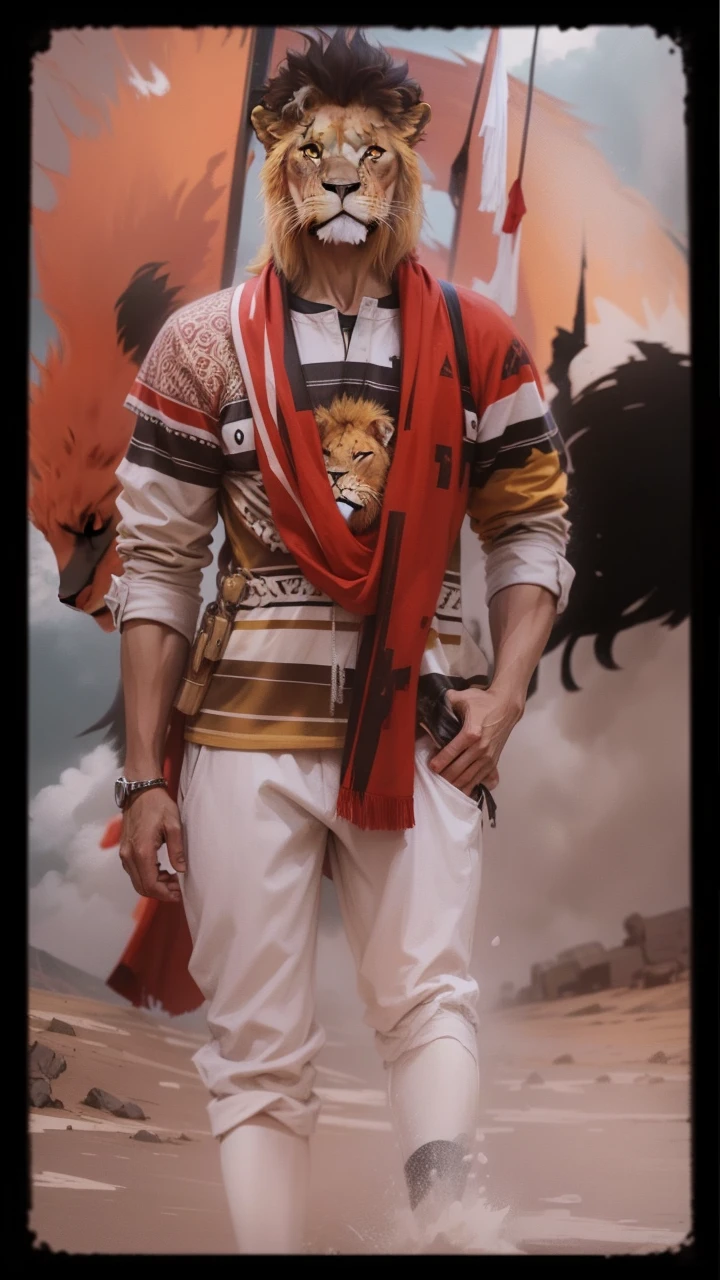 a powerful lion with yellow and red background colors. looking ahead at the end of the hill.